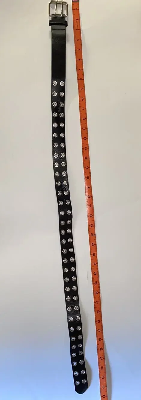 Black Faux Leather Double Prong Belt Silver-Tone Hardware Women's